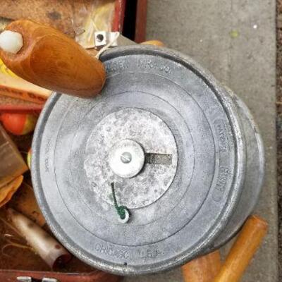 Lot #303: Vintage Large Fishing Reel and Tackle Box w/ Assortment