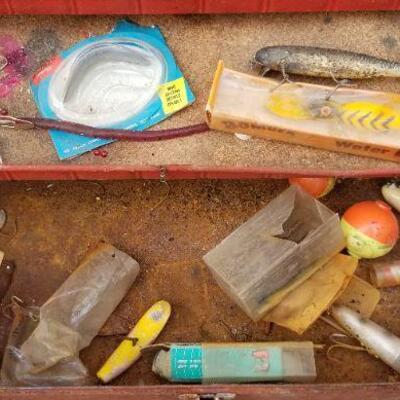 Lot #303: Vintage Large Fishing Reel and Tackle Box w/ Assortment