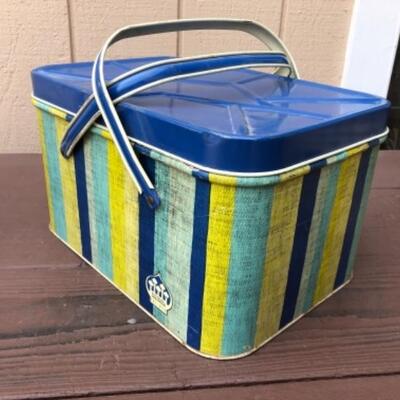 Lots 94, 214, 312: Blue, Yellow Stripe Pic Nic Lunch Box, Tin; Pic Nic Lunch Pail: Tin, Faux Basket Weave; Light Brown Picnic Lunch Box:...