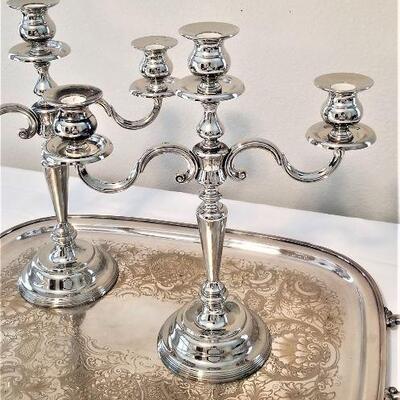 Lot #1  Silverplate Serving Tray and Pair of Silverplate Candelabra 