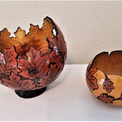 Lot #11  Pair of Artisan Hand Carved Gourds - California Artist