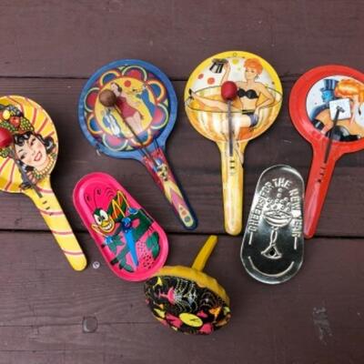 Lot 198: 6 Vintage Noise Makers, Rare: Ladies, New Years Eve Themed, 1950â€™s