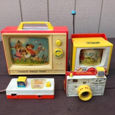 Lots 228, 283, 285, 388: Peek-A-Boo Screen: Fisher Price Toys, 1963; Fisher Price Story Camera, 1974;  Fisher Price Pocket Camera , 1967;...