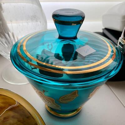 Vintage Aqua Gold Accent Glass Candy Dish w Top