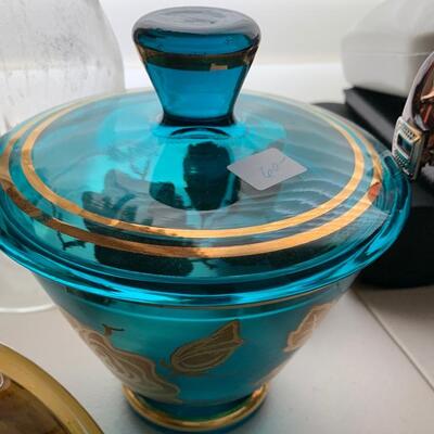 Vintage Aqua Gold Accent Glass Candy Dish w Top