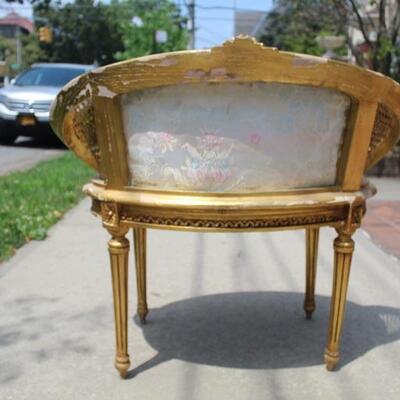 Antique Upholstered Gold Leaf Settee Nail Head Cane Sides 