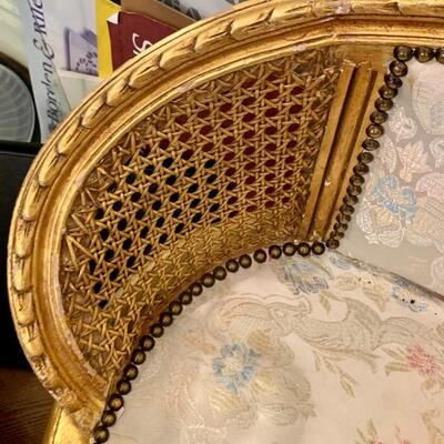 Antique Upholstered Gold Leaf Settee Nail Head Cane Sides 
