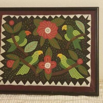 Lot #378: Vintage HandCrafted Bird Embroidered Art Scene FRAMED