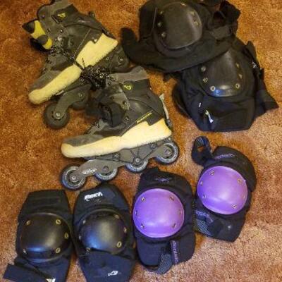 Lot #389: Vintage Pair of US Mens 8.5 Rollerblades and Assorted Knee Guard Protectors