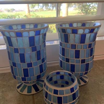 Blue glass candle holders set of 3 