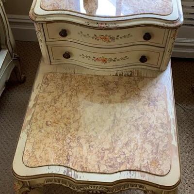Set pair (2) Antique Hand- Painted  Floral  & Marble Top End-Tables