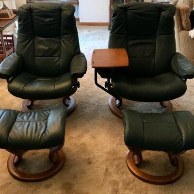 Two Dark Green Ekornes Stressless Leather Chairs & Ottomans