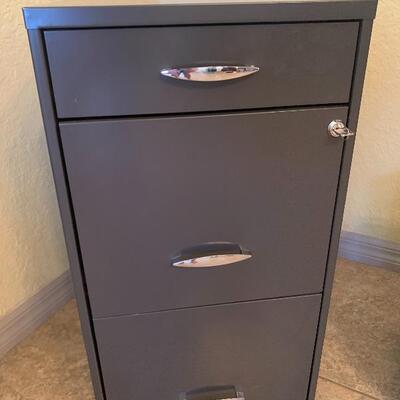 Gray metal 3 drawer filing cabinet with key
