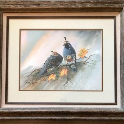 Framed Watercolor Of Two Quails By Local Artist Susan Moreno