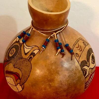 Northwest Coast Carved & Painted Gourd With Leather And Bead Accents