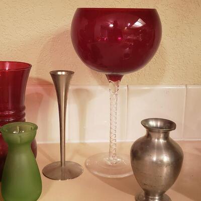 Lot 398: Red & Green Glass & Pewter Vases