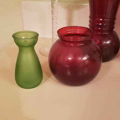 Lot 398: Red & Green Glass & Pewter Vases