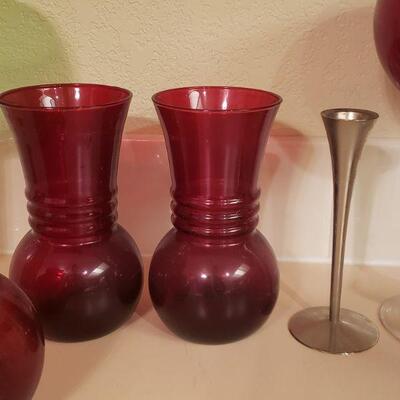 Lot 398: Red & Green Glass & Pewter Vases
