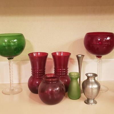 Lot 398: Red & Green Glass & Pewter Vases