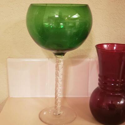 Lot 398: Red & Green Glass & Pewter Vases
