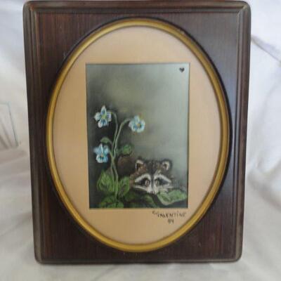 Raccoon Picture with Brown Wood Frame