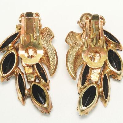 Vintage Juliana Style Black Navette & Aurora Borealis Rhinestone Gold Tone Earrings