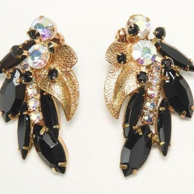 Vintage Juliana Style Black Navette & Aurora Borealis Rhinestone Gold Tone Earrings