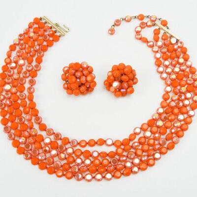 Vintage Vogue Jewelry Iridescent Orange Bead Necklace & Earring Set
