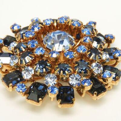 Vintage Austrian Blue Crystal Rhinestone Tiered Brooch