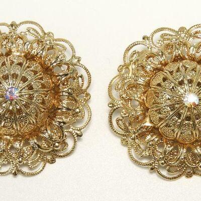 Vintage Gold Tone Filigree Earrings With AB Rhinestone Accent