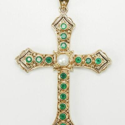 Nicky Butler Green Gemstone Gold Tone Cross Pendant