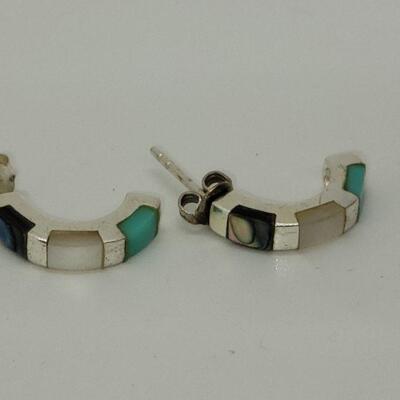 J11: sterling silver pierced earrings with turquoise,  above and mother of pearl