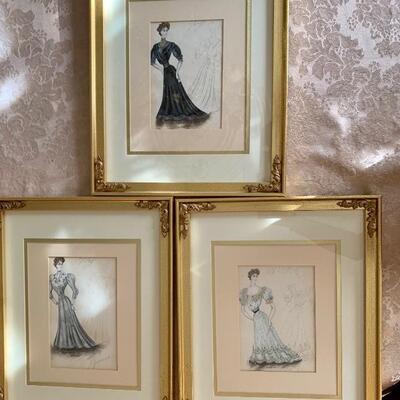  Set of 3 Gold Framed/ Double Matted Edwardian Women Fashion Design & Sketch - Signed Commissioned Art  