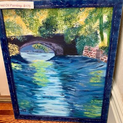 Custom Navy Distressed Wood Framed Oil Painting: “ Let the River Flow” 
