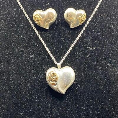 Gorham Sterling Silver Two Tone Heart Pendant Necklace with Matching Earrings