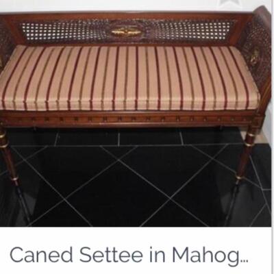 Antiqued Reproduction: Double Canned Back & Sides Chateau Walnut  Settee: Carved Wood w Gold Metal Accents