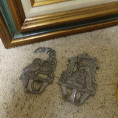 LOT 73  WALL DECOR & PICTURES, 2 PEWTER WALL HOOKS