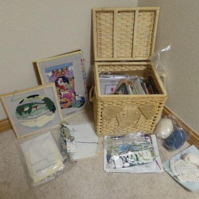 LOT 74  WICKER BOX FILLED WITH CRAFT ITEMS