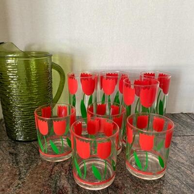 A - 550 8 - Vintage Cups with Red Tulips & Pitcher 