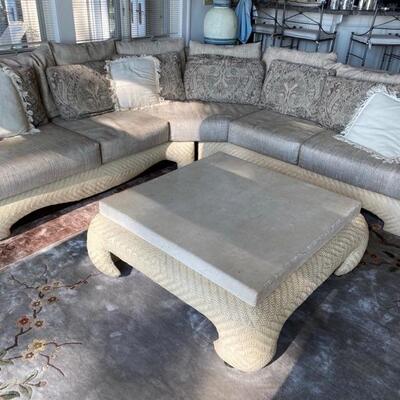 A - 554. Vintage Leather Woven Sofa and Coffee Table