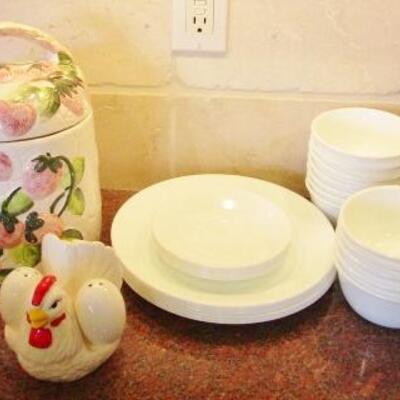LOT  107  CORELLE DISHES, NESTING HEN & A COOKIE JAR