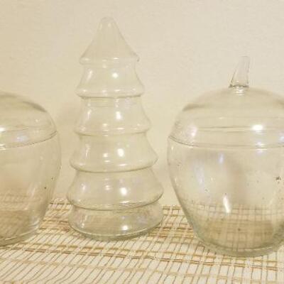 Lot #602: Set of (3) Vintage Glass Jars w/ Lid (2 Apples and Christmas Tree) 