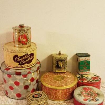 Lot #624: Huge Bundle of Assorted Vintage Tin Deco Containers Holiday