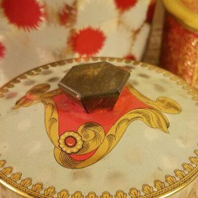 Lot #624: Huge Bundle of Assorted Vintage Tin Deco Containers Holiday