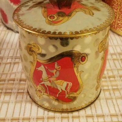 Lot #624: Huge Bundle of Assorted Vintage Tin Deco Containers Holiday