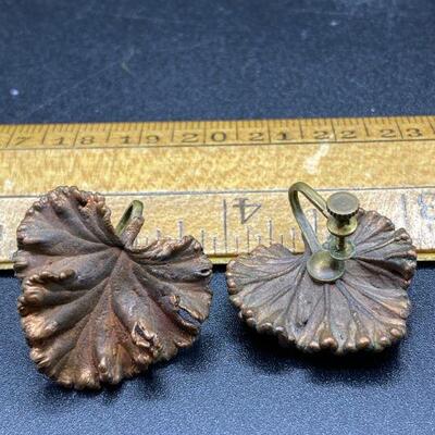 Vintage Copper Tone Owl Pin and Leaf Earrings