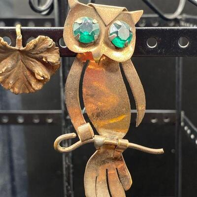 Vintage Copper Tone Owl Pin and Leaf Earrings