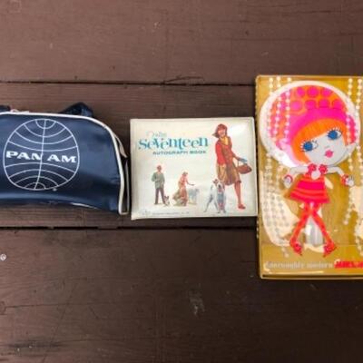Lots 187, 188, 472: Thoroughly Modern Mirror: Boxed 1960-70â€™s; Miss Seventeen Autograph Book, unused, 1960-70â€™s; Mini Pan Am Carry On...