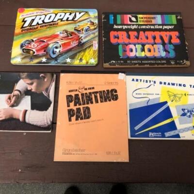Lots 78, 82:  Vintage Tin Watercolor Gouache Paint Box, Trophy Race Cars LL England, 80 Colors, 1956, Used, Rare; Drawing for Boys, 1956;...
