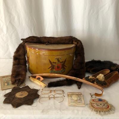 Lot 46 - Ladies Antique Finds - mink, hat box, glasses & more